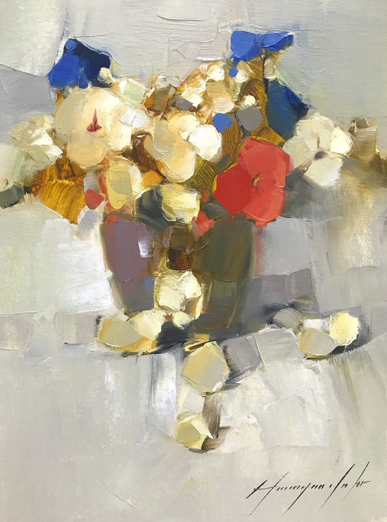 Vase of Pansies, Original oil Painting by Palette Knife, Handmade artwork       